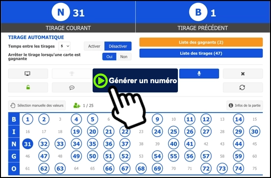 interface du générateur de numéros aléatoires avec suivi du numéro courant et précédent